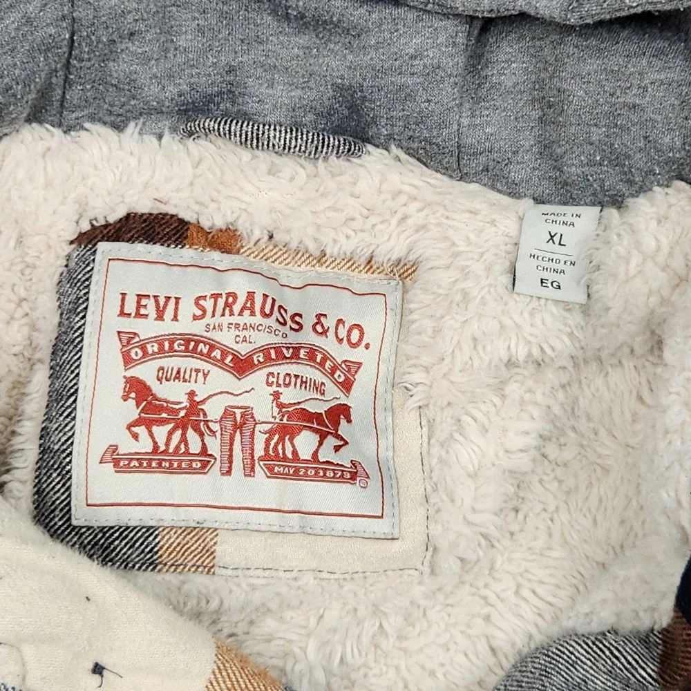 Levi Strauss & Co Jacket Mens XL Blue Plaid Sherpa Lined Hooded Flannel - Picture 5 of 9